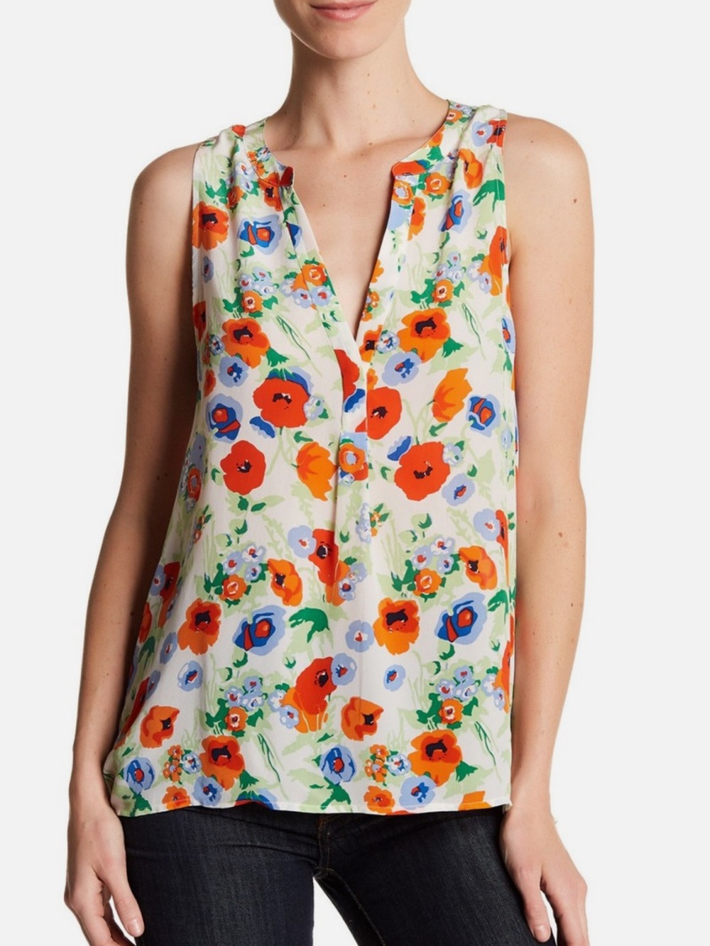 Joie 100% Silk Sleeveless Poppy Print V-Neck Top
